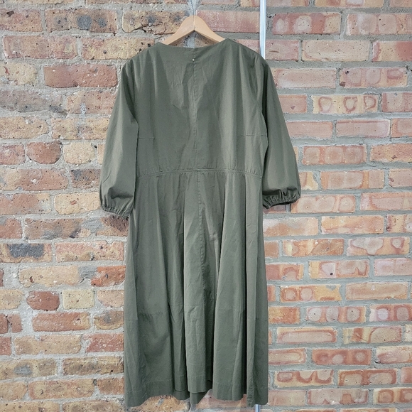 Cuyana Safari Olive Green Cotton Poplin Puff Sleeve Midi Dress Size Medium - Picture 5 of 6